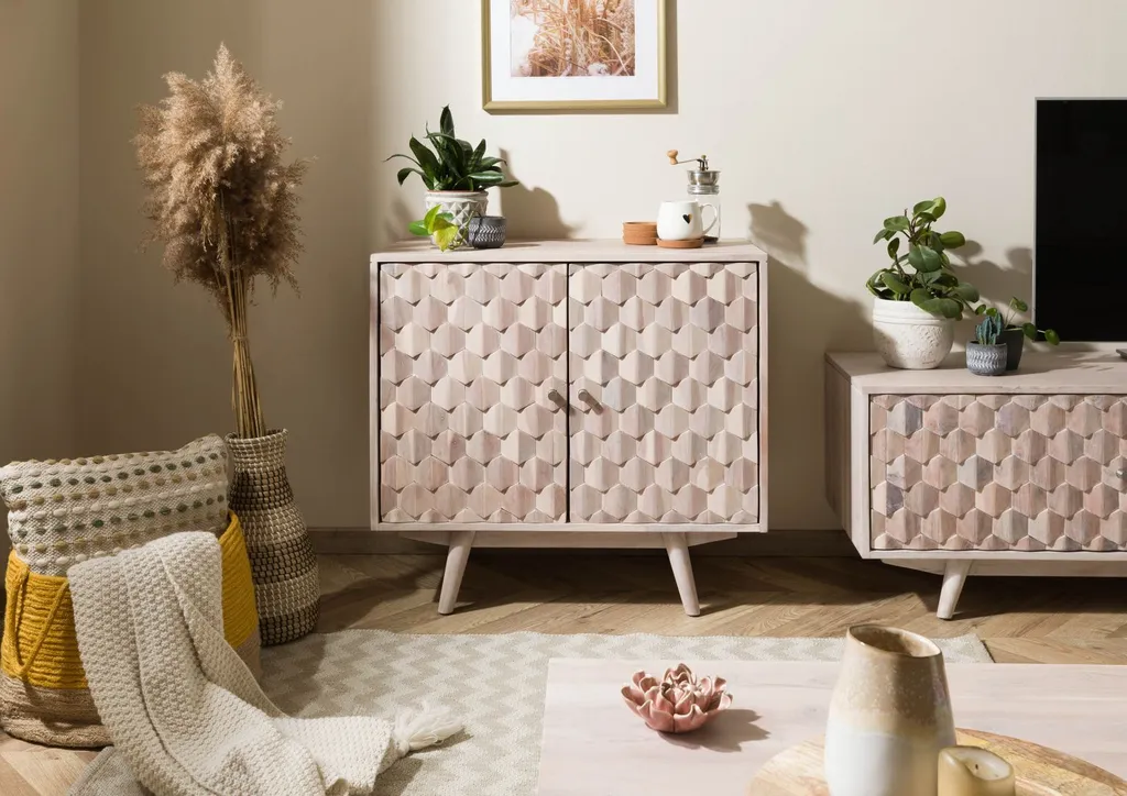 Commode en acacia laqué blanc avec façade relief MOSAYK