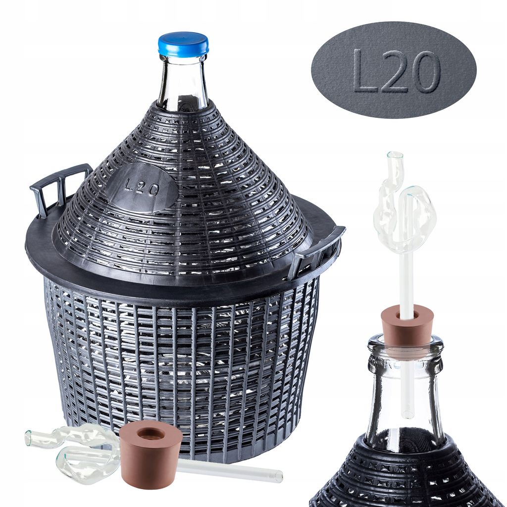 KADAX Glasballon-Set "Alatri", Gärballon mit Kunststoffkorb und Gärzubehör, Gummistopfen, Gärröhrchen aus Glas, Flasche, 20L