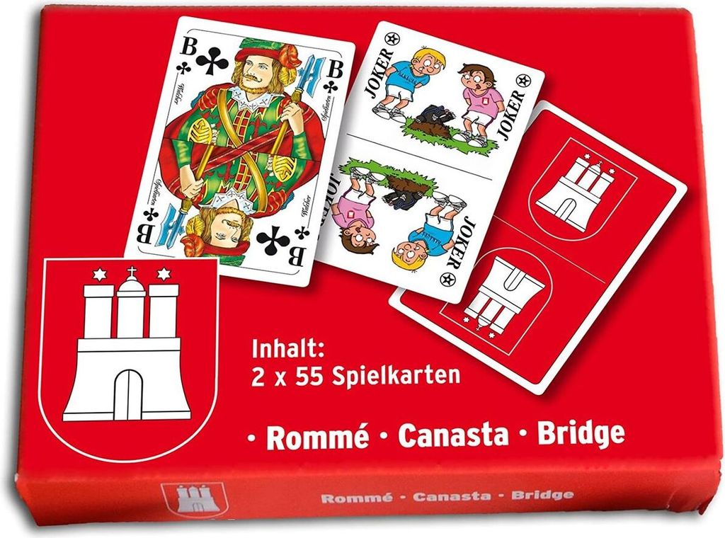 Rommé, Canasta, Bridge, Poker, Skat Kartenspiel im Hamburg Design, 2 Decks à 55 Karten