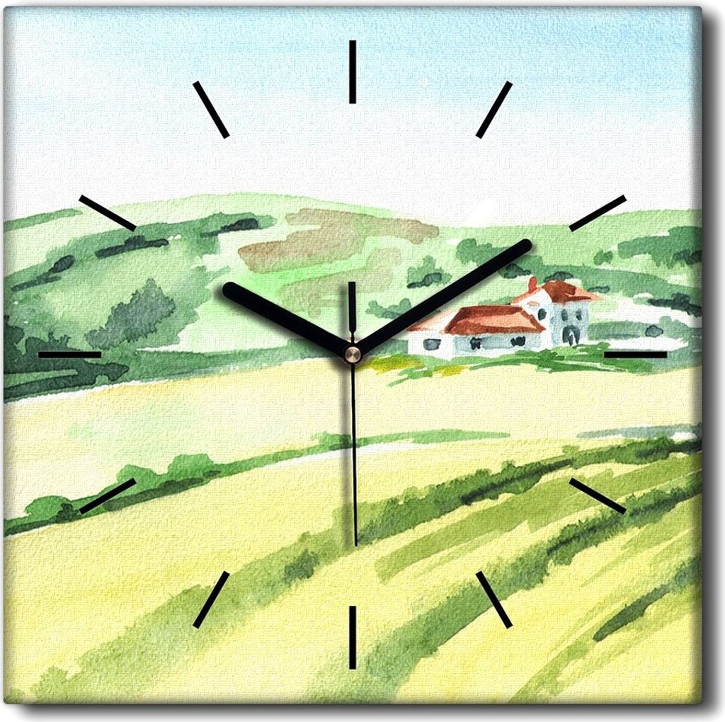 Coloray Uhr auf Leinwand 30x30 cm Wand Uhr Dekoration Wohnzimmer Segeltuch schwarze Hände -Eine Aquarelllandschaftsfarm
