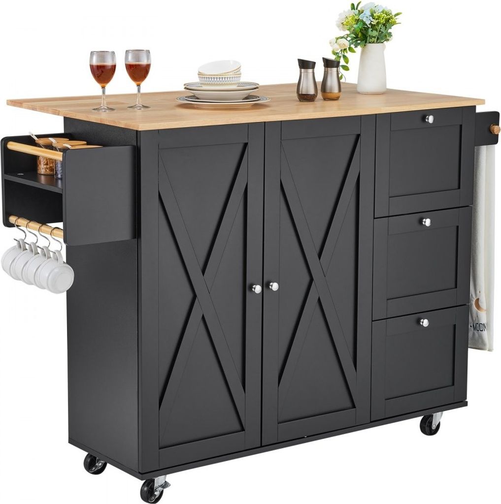 Kücheninselwagen mit Rollen Schubladen- und Regalstation 143x68x99cm Praktischer Rollschrank für Ihre Küche