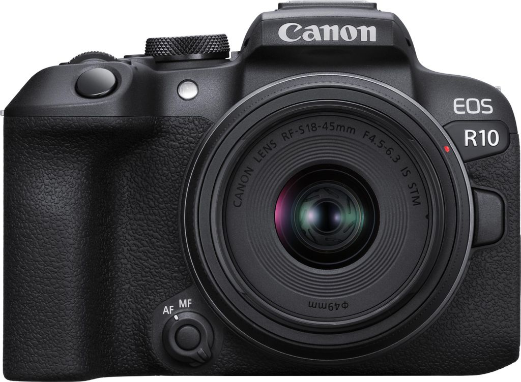 A front view of a black Canon EOS R10 camera with a lens attached, isolated on a white background.