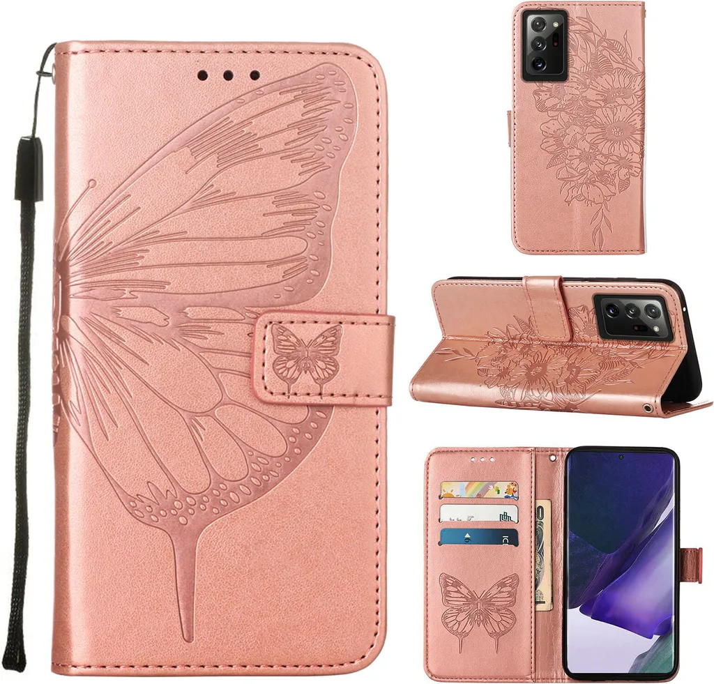 Galaxy Note 20 Ultra Case Rose Gold - Wallet Butterfly Chic Cover