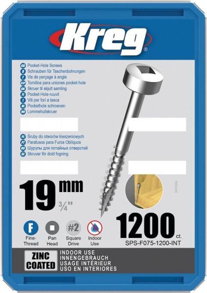 Kreg Pocket-Hole Schrauben 19 mm, Verzinkt, Flachkopf, Feingewinde - 1200Stk.