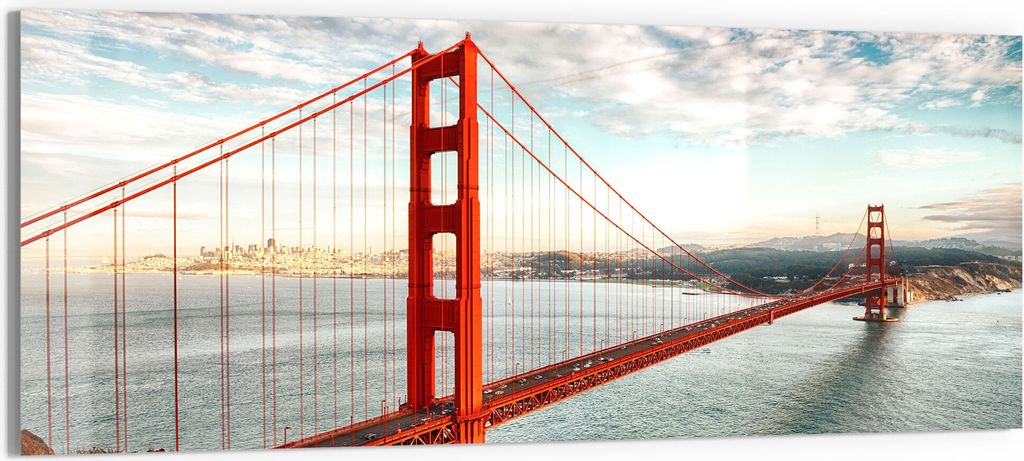 DEQORI Glasbild Echtglas 125x50 cm 'Golden Gate Bridge' Wandbild Bild modern Deko