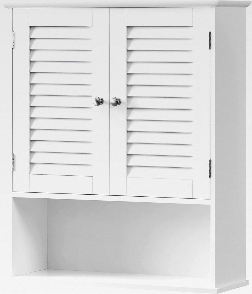 Badezimmerschrank, Wandschrank, Medizinschrank mit verstellbarem Einlegeboden, Lamellentüren und offenem Fach, 20 x 60 x 70 cm, weiß BBC27WT