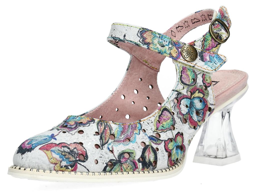 Laura Vita Damen Slingpumps Mary Jane floraler Print und Lochmuster Eloiseo 36, Größe:37 EU, Farbe:Weiß