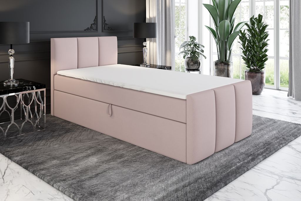 Boxspringbett, Jugendbett MOREN 100x200 (Links) mit Bettkästen, Bonell-Matratze und Topper. Farbe: Rosa.