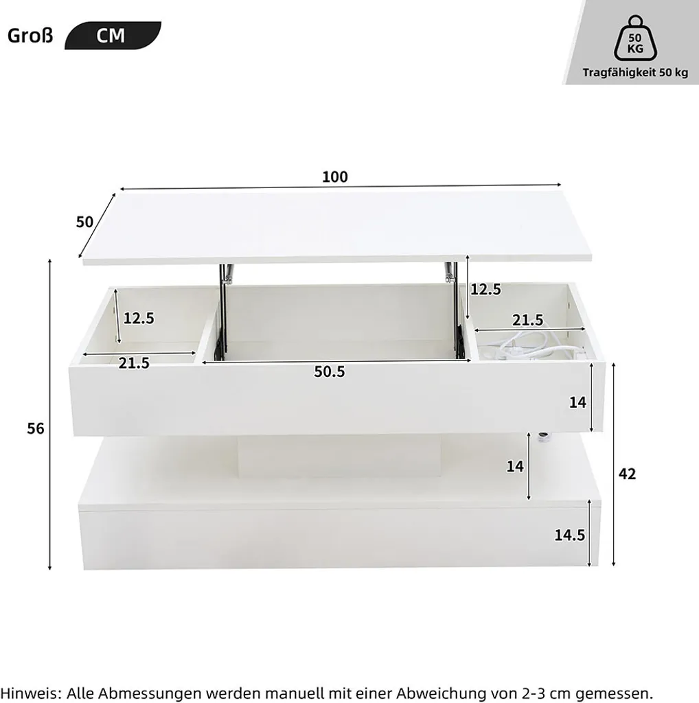 Table basse moderne blanche 100cm à LED avec espace de stockage caché