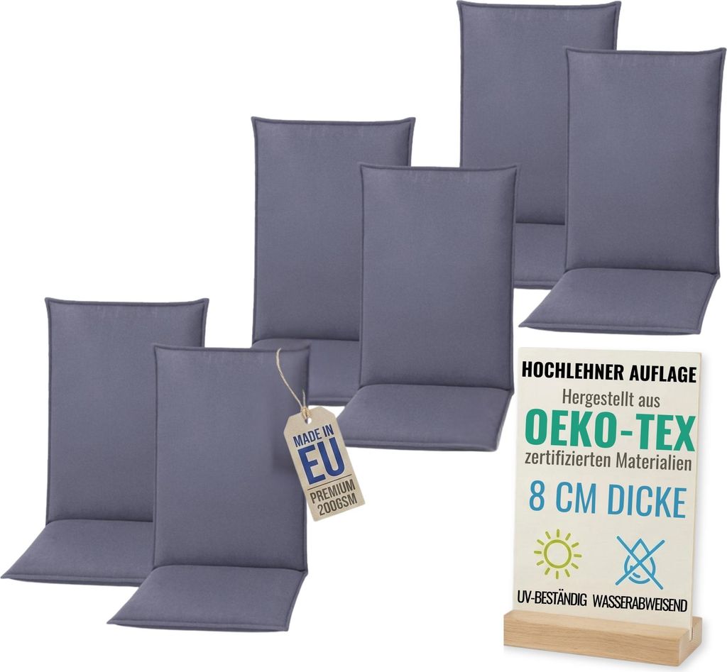 Pillows24 - 6x Hochlehner Auflagen 120x50x8 cm | Bequeme & Wetterfeste Gartenstuhlauflagen | Polster Sitzkissen für Gartenmöbel | EU | Blau