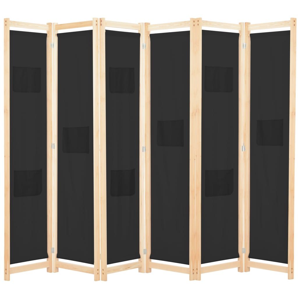 A room divider made of black fabric and wooden frames, shown from the front.
