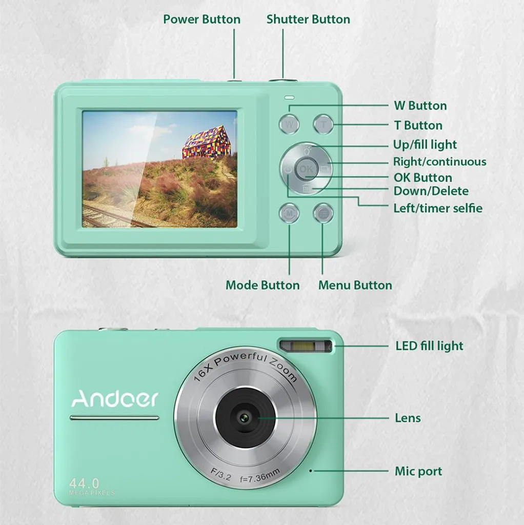 Andoer fotocamera digitale portatile 1080P, videocamera, 44 MP, autofocus, schermo IPS da 2,5 pollici, zoom 16x, anti-shake, rilevamento del volto, registrazione del sorriso con scheda di memoria da 32 GB, 2 batterie, regalo di Natale per bambini e ragazzi - 2