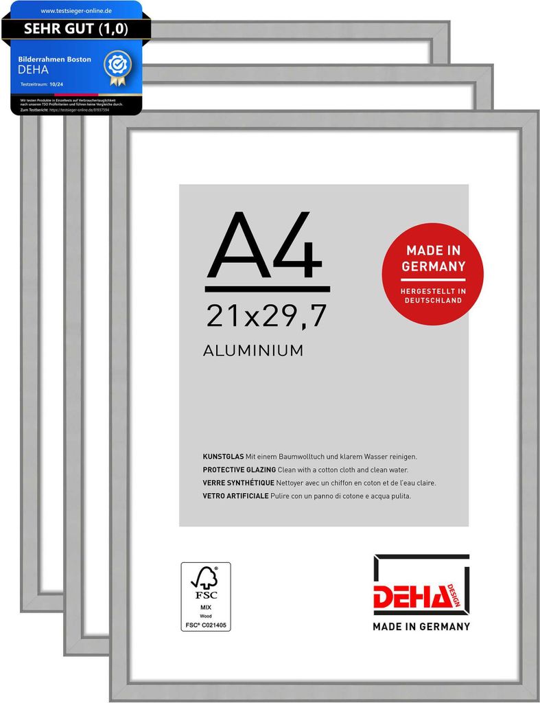 DEHA Design Bilderrahmen Boston (3er Set), A4 21x29,7 cm, Aluminium Silber Matt