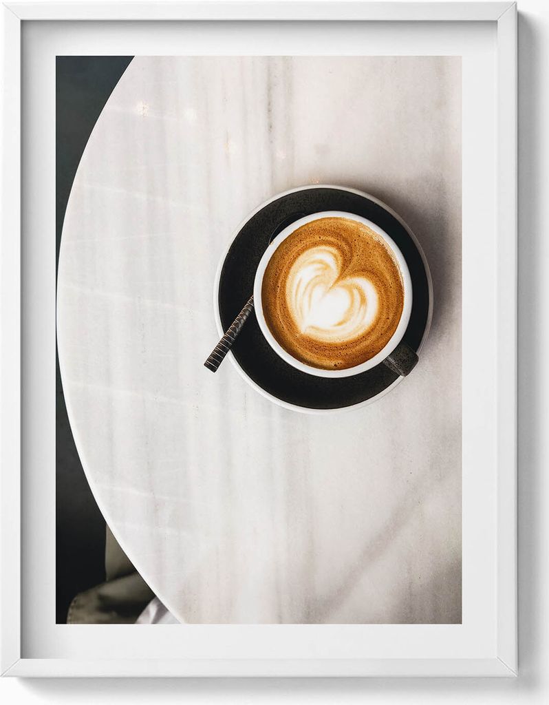 Tasse Kaffee mit einem Herz– Wandbild mit Rahmen – Gerahmtes Bild – Wanddekoration – 60x80 cm – Weiß Rahmen