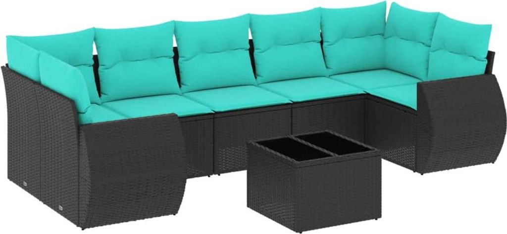 8-teiliges Gartensofa-Set mit Kissen, schwarzes Polyrattan