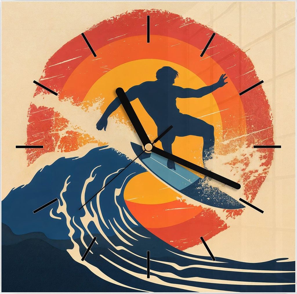 Wanduhr aus Glas mit Motiv Surferwelle- 30 x 30 cm - inkl. Produktbild 
