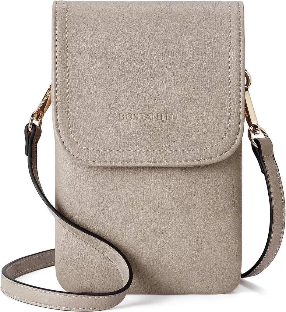 Sac téléphone gris anti-perte et antichoc pour femme en cuir robuste