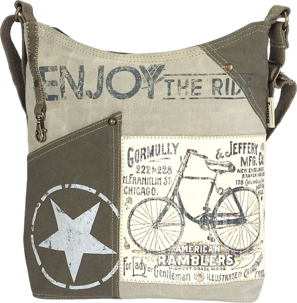 Sunsa Canvas Umhängetasche. Vintage Stil mit Fahrrad Motiv Crossbody Bag. Vegane Hobo Tasche.
