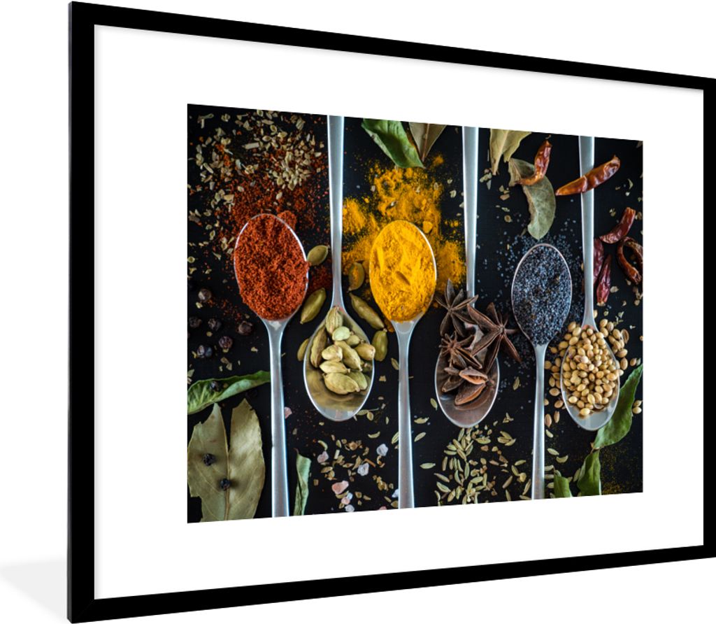 MuchoWow Gerahmtes Poster Löffel - Gewürze - Kräuter - Lebensmittel - Tisch 80x60 cm - Poster mit Schwarzem Bilderrahmen Wandposter Rahmen Fot...