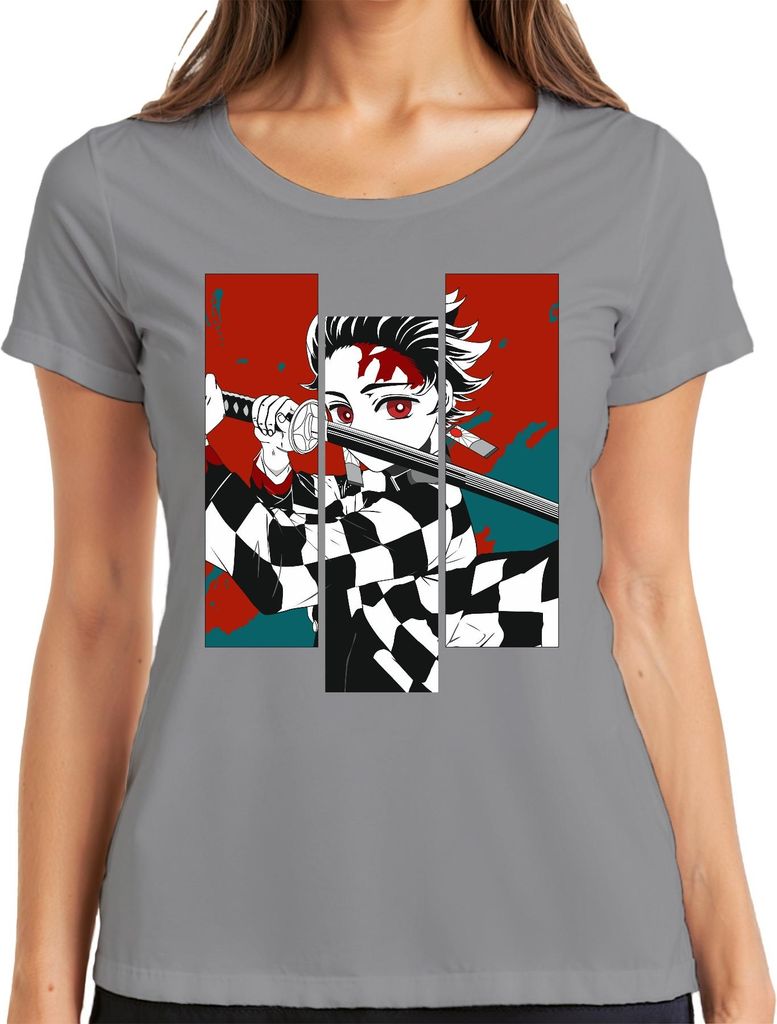 Demon Slayer Dämonenjäger Katana Karomuster Anime Manga Geschenk Damen T-Shirt, Grau, S