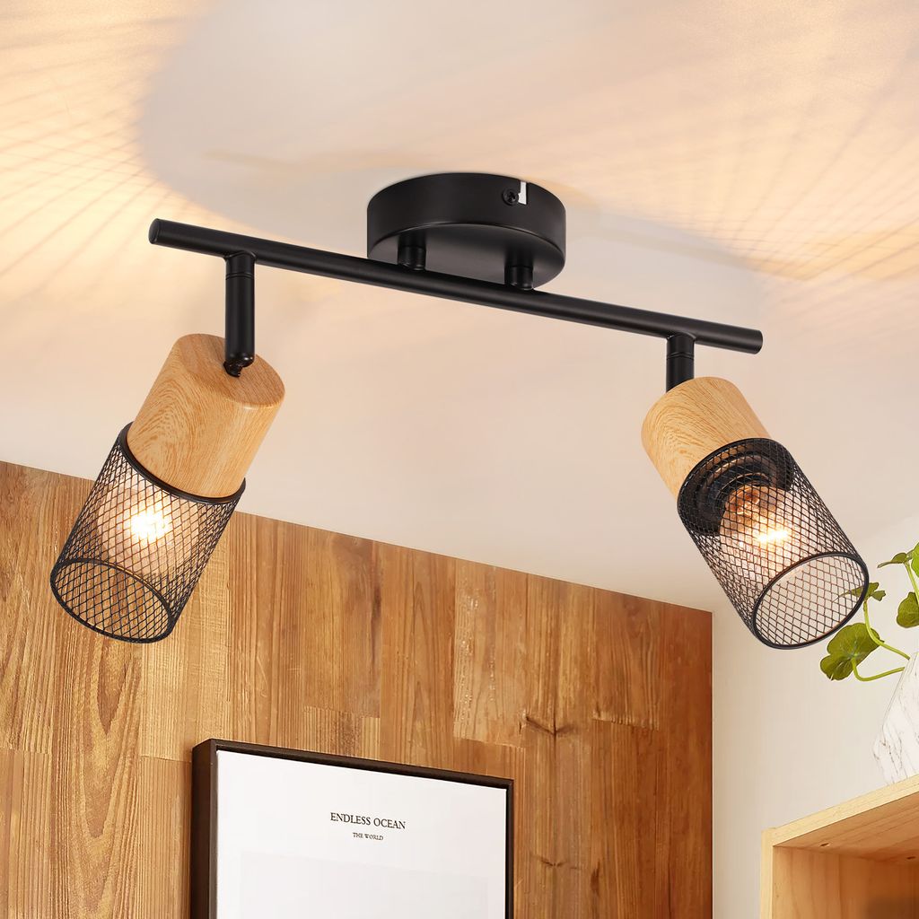 ZMH LED Deckenleuchte Holz E14 Spots 2 Flammig 350°Schwenkbar Deckenspots Vintage Wandstrahler für Wohnzimmer Schlafzimmer Küche Ohne Leuchtmittel