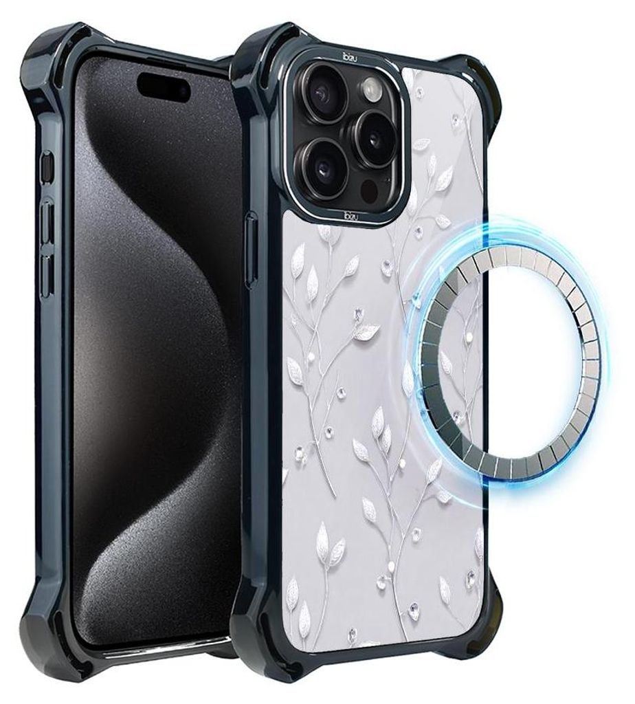 Schutzhülle für das iPhone 15 Pro Max, MagSafe-kompatibel, verstärkte Ecken, schwarz, Gefrorene Blumen