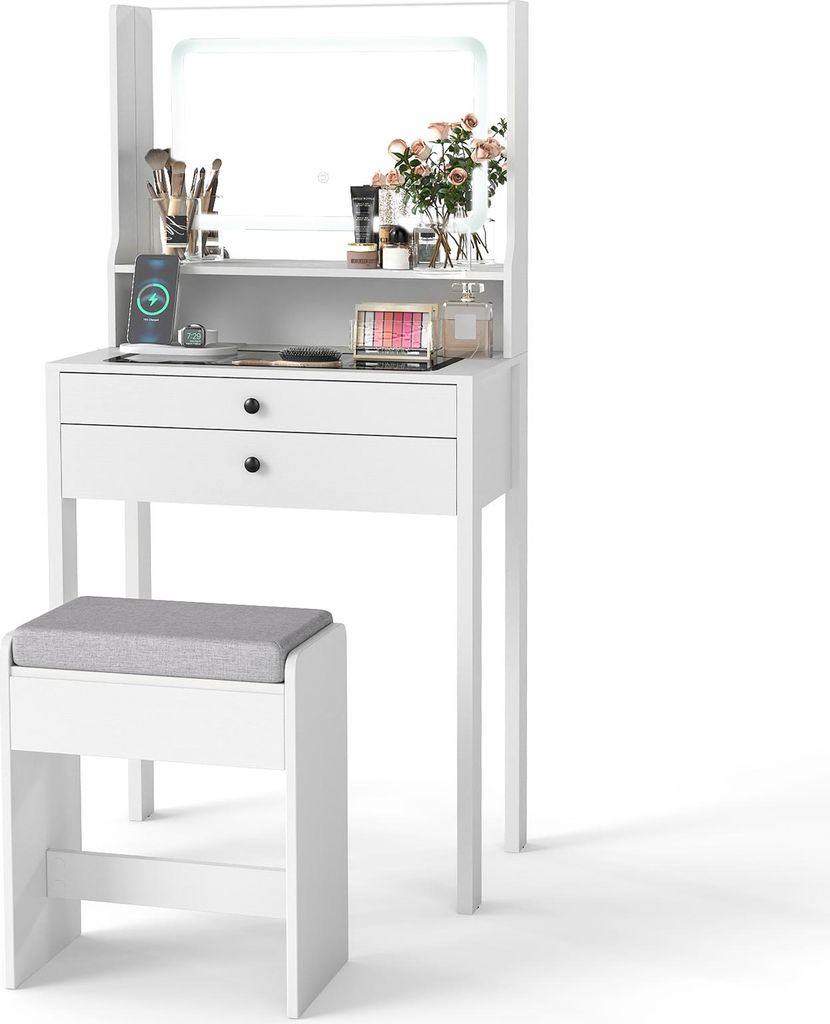 A white vanity table with a mirror and stool, set against a white background.