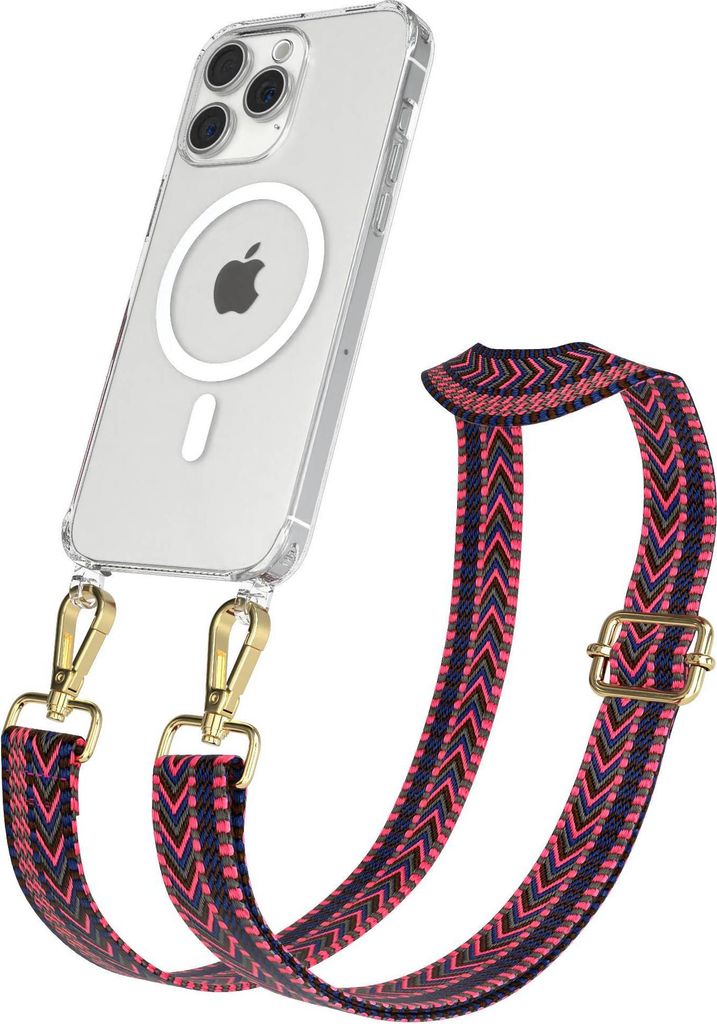 EAZY CASE - Handykette mit MagSafe Hülle für Apple iPhone 15 Pro Max, Handyband ZigZag Style,Karabiner Gold, Umhängeband in Pink