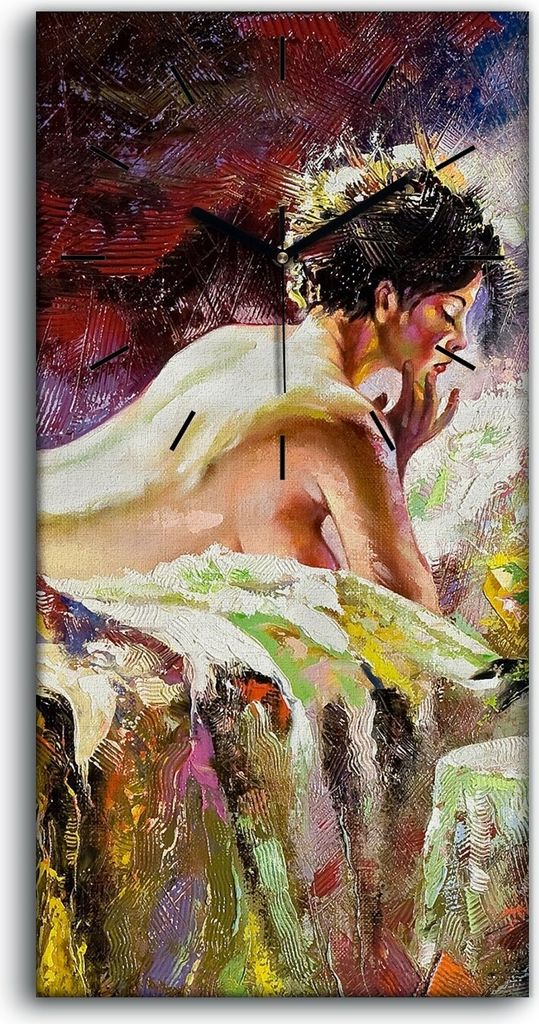 Wohnzimmer-Bild Leinwand Uhr 30x60 Ölgemälde Bett nackte Frauen Blumen - schwarze Hände