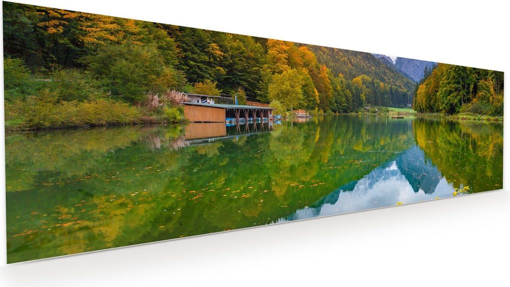 Glasbild Wandbild Riessersee Zugspitze Herbst 120x40cm in XXL für Wohnzimmer, Schlafzimmer, Badezimmer, Flur