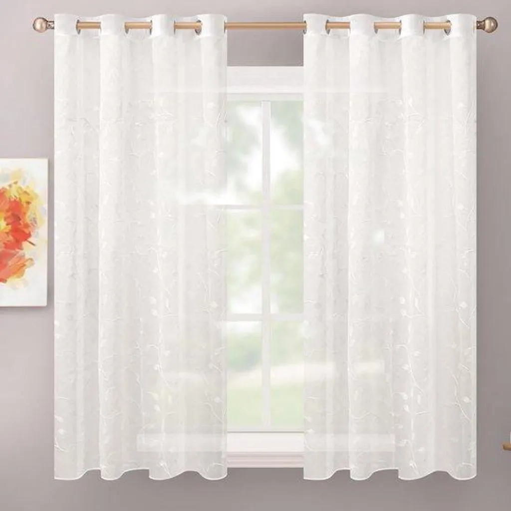Rideaux à motif feuilles blanches 140x145 cm - Paire de voilages élégants