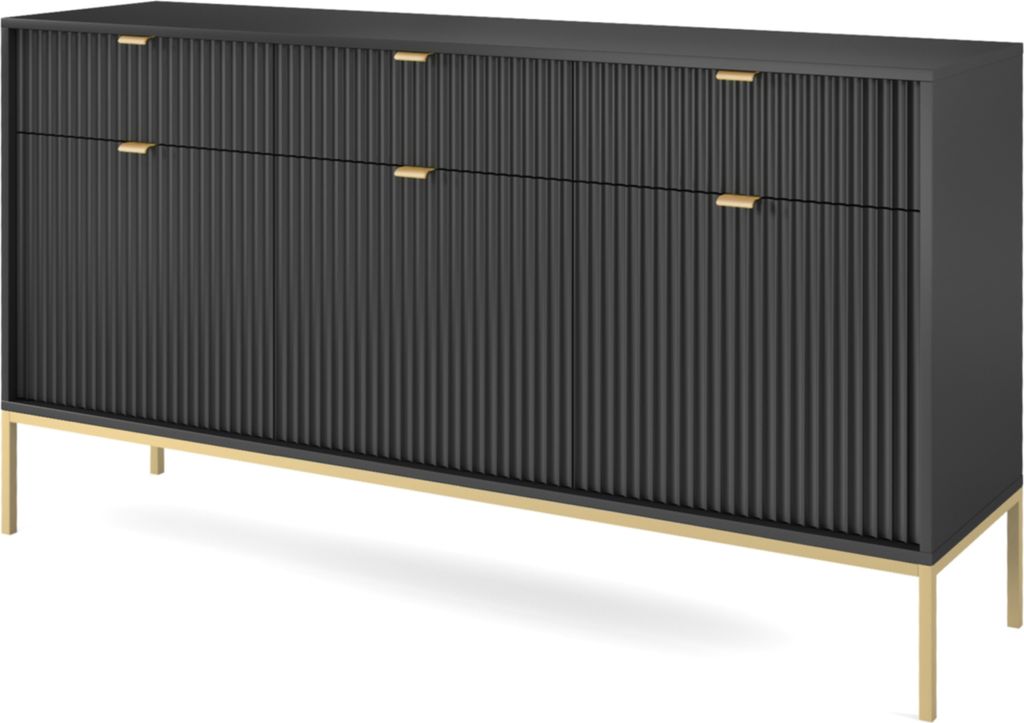 Selsey Vellore Sideboard Kommode 3-türig mit 3 Schubladen, Schwarz mit geriffelten Fronten mit goldenen Metallbeinen, 154 cm
