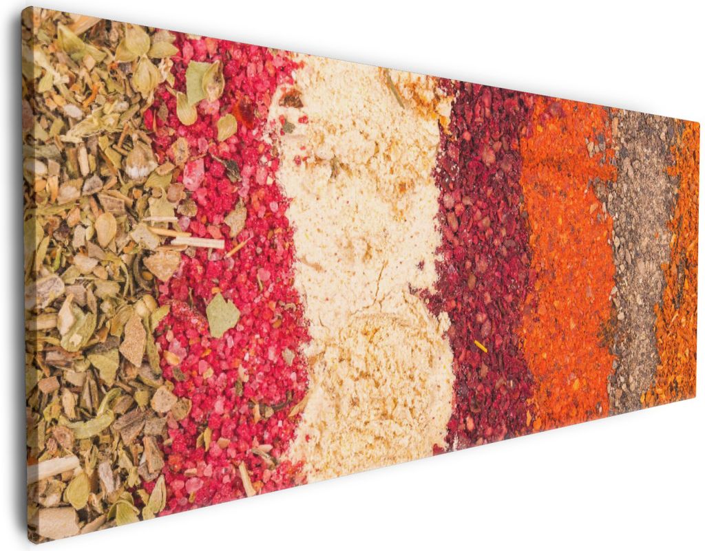 Wallario Premium Leinwandbild Bunte Gewürze in Streifen - Chili, Curry usw in Größe 80 x 200 cm