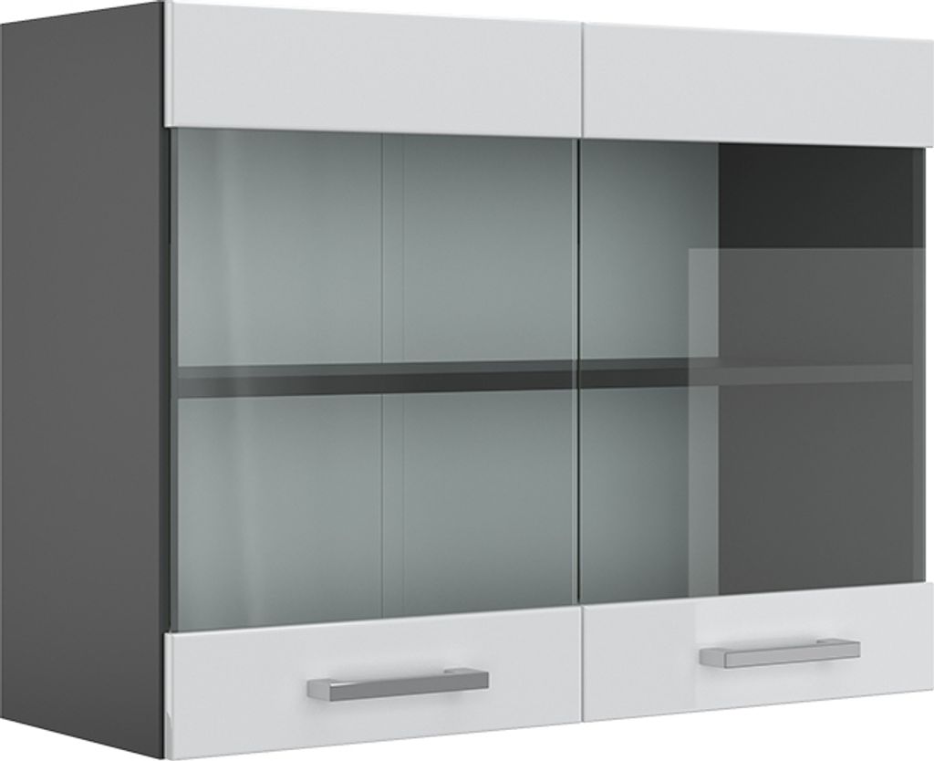A studio shot of a modern wall cabinet with glass doors and drawers.
