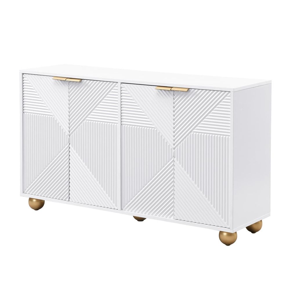 Sideboard mit vier geformten Türen, verstellbaren Innenböden, Metallgriffen und kugelförmigen Beinen