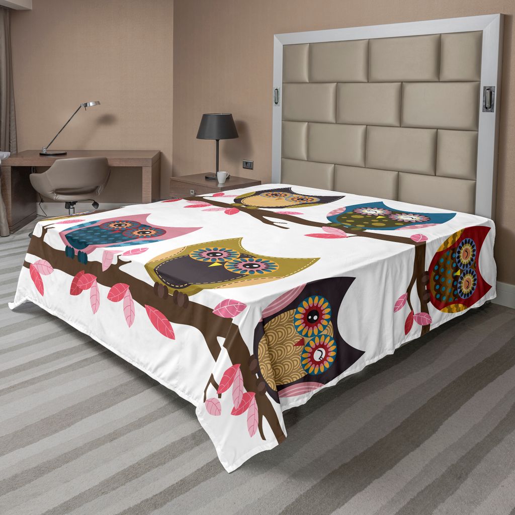 ABAKUHAUS Eulen Bettlaken, Gruppe Eulen nette Gesichtsausdrücke, die lächelnde Vintage Scrapbooking Retro Art blinzeln, weiches bequemes oberes B...