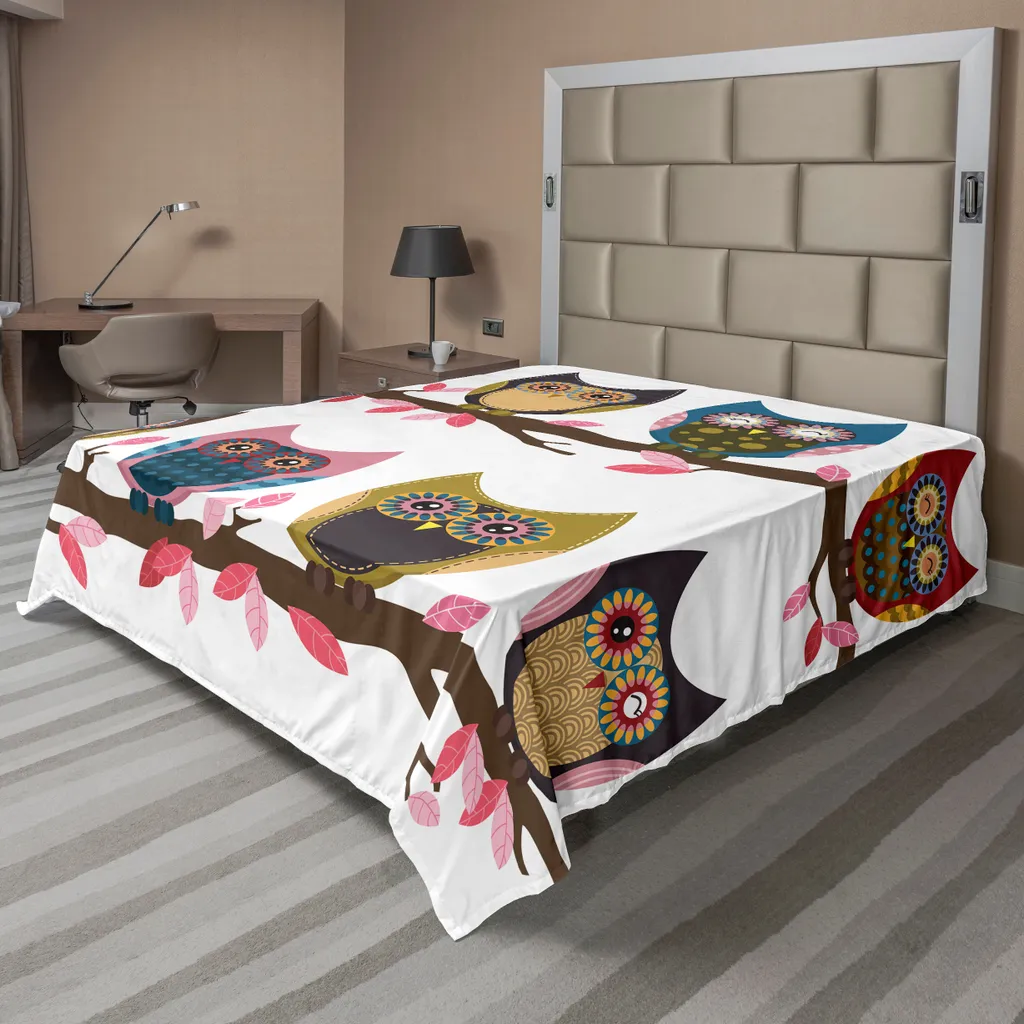 Drap Housse Imprimé Hiboux Rétro pour Grand Lit 2 Personnes Multicolore