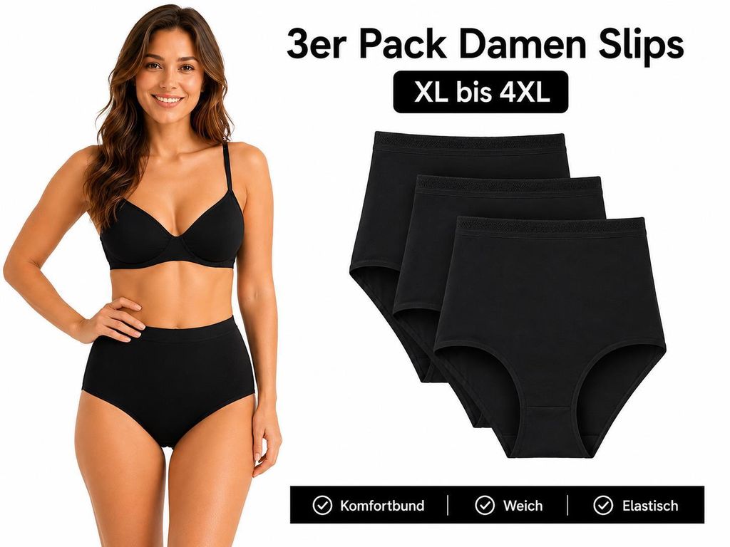 Damen Slips 3er Pack Schwarz XL-4XL High Waist Komfortbund Produktbild 