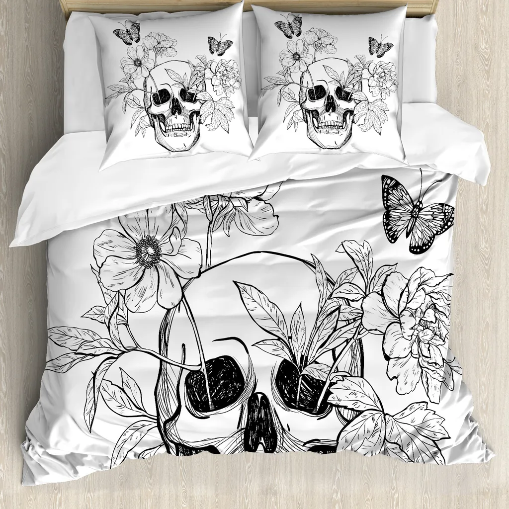 ABAKUHAUS Giorno dei Morti Copripiumino, Teschi Farfalle, Antiacaro Adatto a chi soffre di allergie Con federe, 155 cm x 220 cm - 80 x 80 cm, Bianco e nero