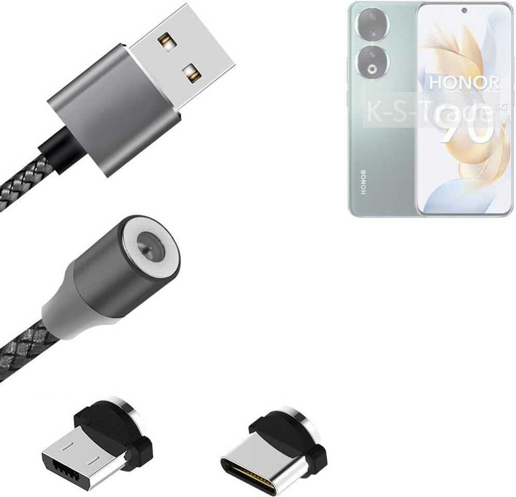 K-S-Trade Hochwertiges Magnet-Lade-kabel Sync-Kabel Daten-Kabel kompatibel mit Honor 90 Pro mit USB-Typ-C-Anschluss und Micro-USB-Anschluss 2A bis zu
