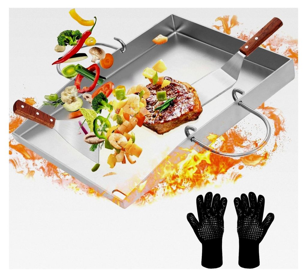 Plancha Grillplatte - 40 x 30 cm Edelstahl Grillplatte für Gas- und Kohlegrill - Gleichmäßige Hitzeverteilung - Grillplatte mit 2 Grillspachteln...