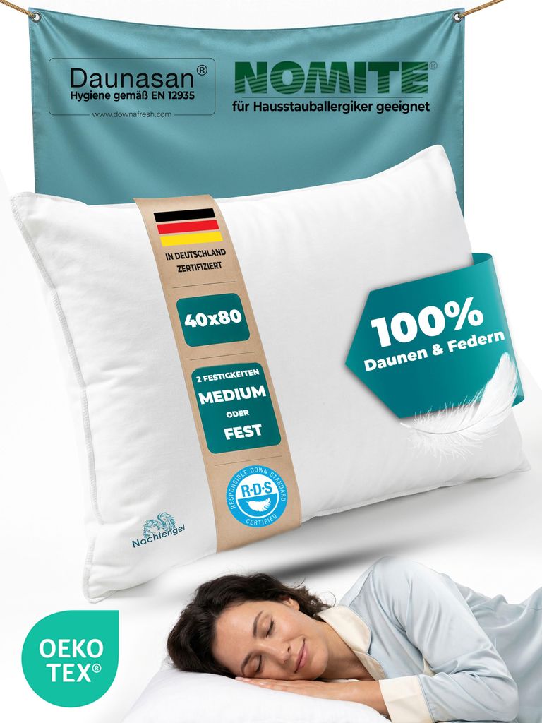 DAUNENKISSEN 40x80 – 3-Kammer Kopfkissen, Federkissen mit Produktbild 