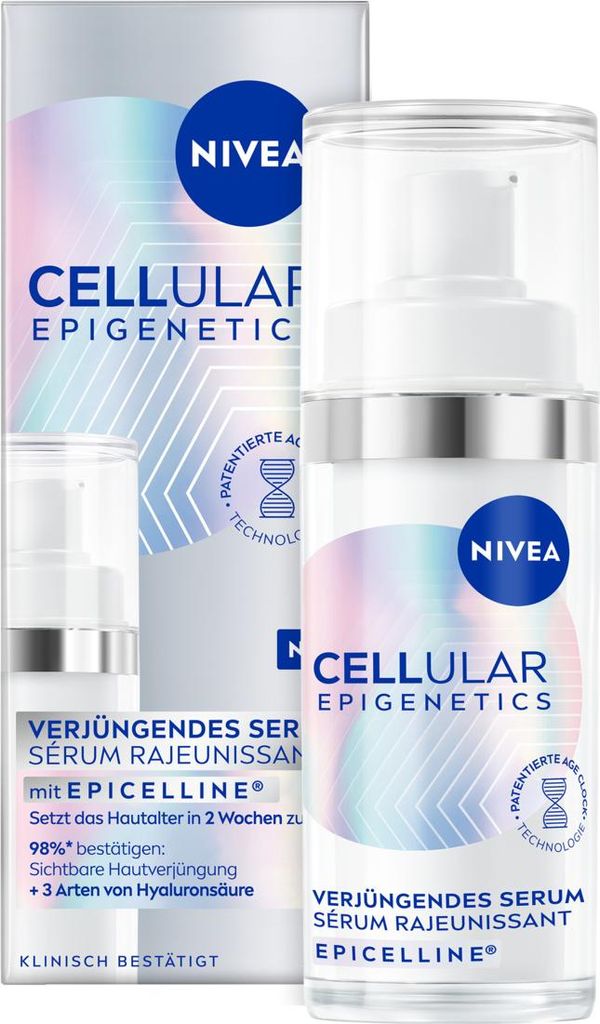 A product shot of NIVEA CELLULAR Epigenetics Verjüngendes Serum with its packaging.