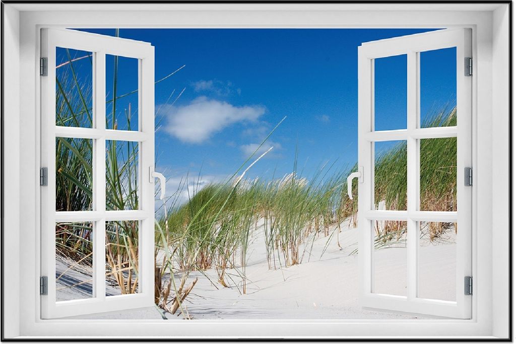 Wallario Wandbild mit Fenster-Illusion: Düne am Strand unter blauem Himmel, Größe: 61 x 91,5 cm, Poster mit schwarzem Aluminiumrahmen