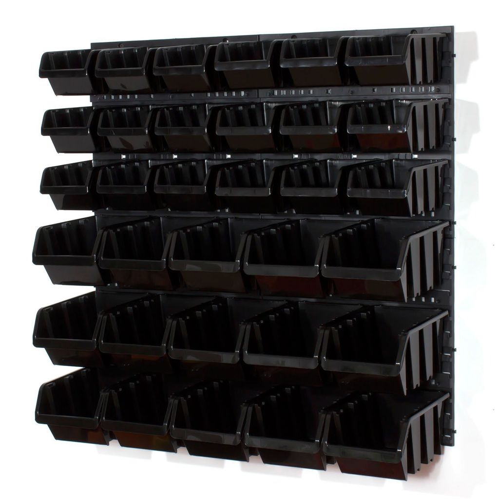 33 Stapelboxen mit Wandregal 80 x 80 cm | lager wandplatten lagerregal