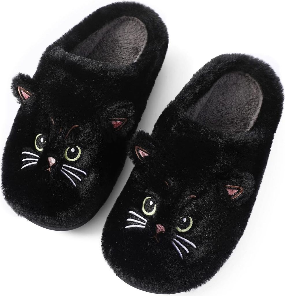 ASKSA Flauschige Hausschuhe Damen Herren Winter Katze Hausschuhe Baumwolle Pluesch Kuschel Lustig Tiere Schuhe Cat Slippers, Schwarz, Groesse: 42-43