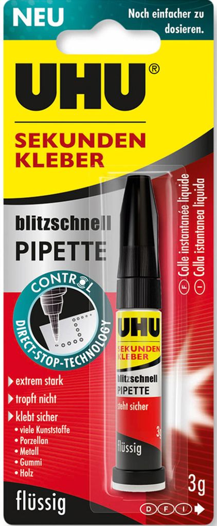 UHU Sekundenkleber, Flüssigkeit, RoHS, REACH, CE, Produktbild 