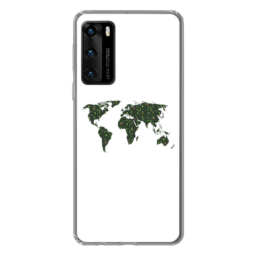 MuchoWow Handyhülle Schutzhülle Hülle für Huawei P40 Weltkarte - Grün - Blätter Silikon Softcase Handy Hülle - Handytasche