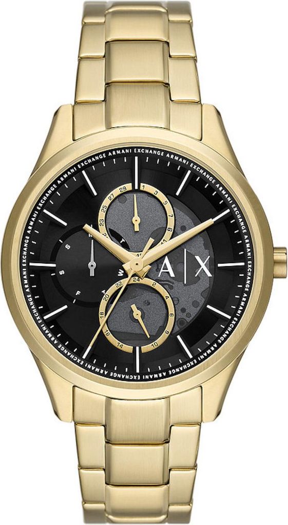 A product shot of a gold Armani Exchange watch with a black dial.