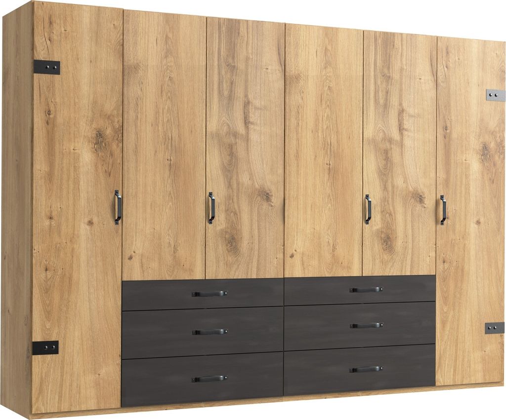 Kleiderschrank "Detroit" in Plankeneiche mit 6 Schubladen und 6 Türen. Abmessungen (BxHxT) 300x216x58 cm